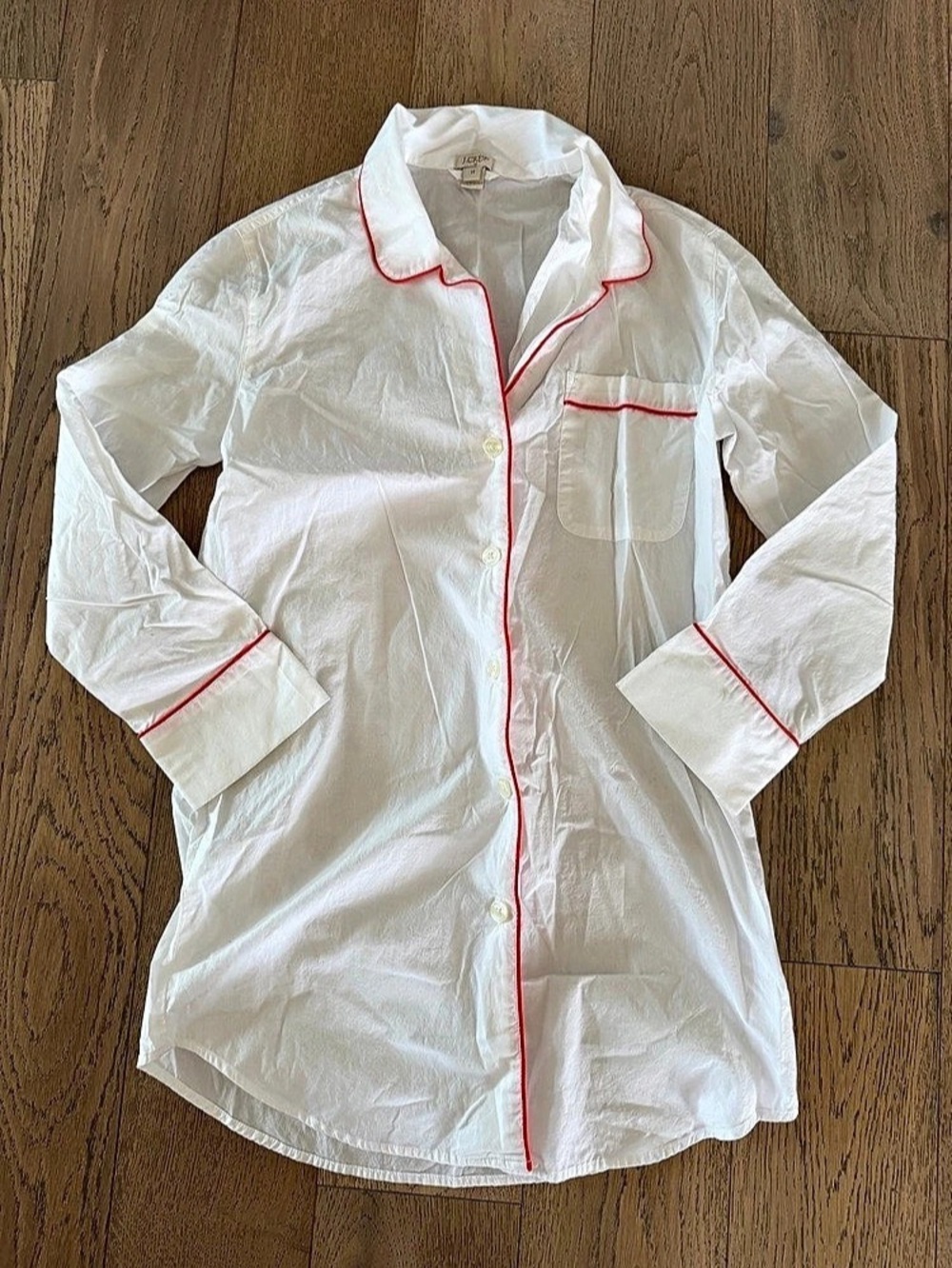 J.Crew White Cotton Long Sleeve Pajama Sleep Shirt Red Piping Size xs